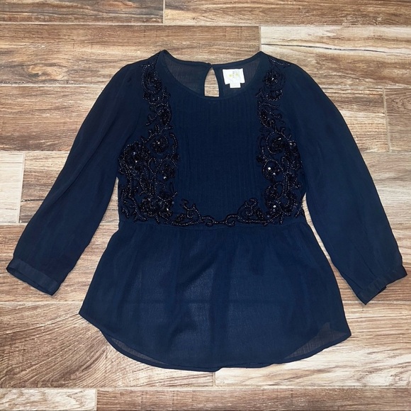 Maeve Anthropologie Helene Embellished Navy Blue Peplum Blouse - Picture 2 of 4